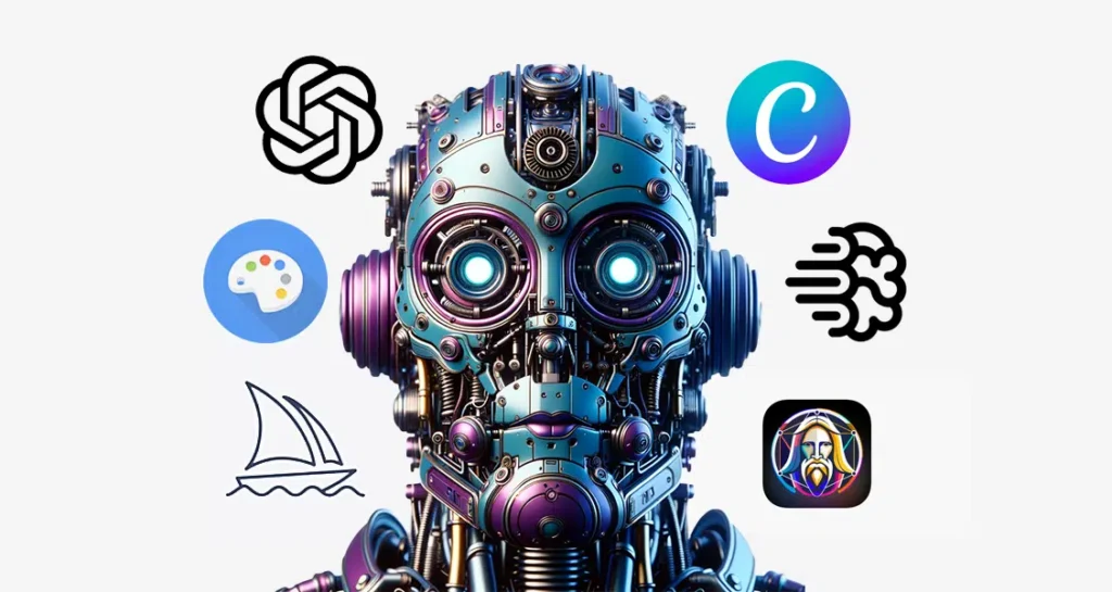 robot ia con logos de programas de inteligencia artificial alrededor