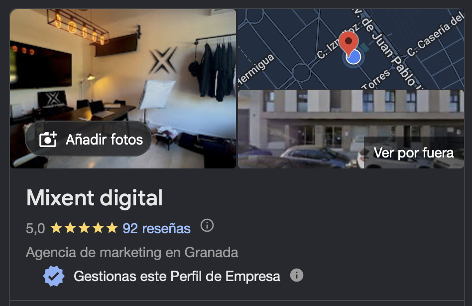 ficha de agencia de marketing mixent digital en google