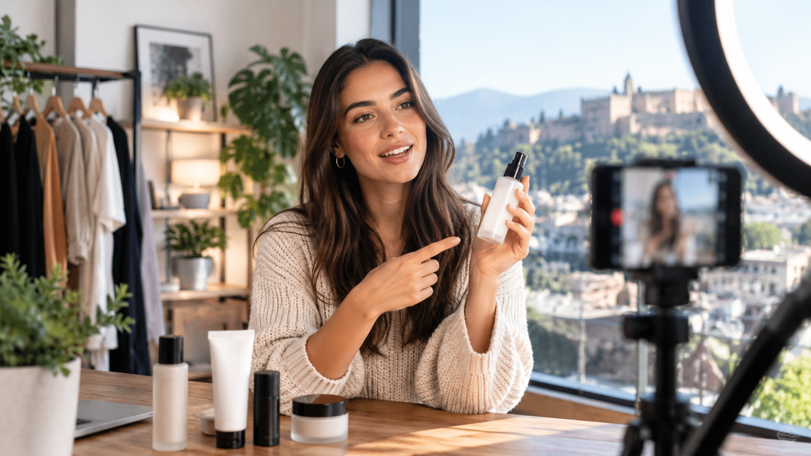Influencer de redes sociales anunciando un producto de cosmética